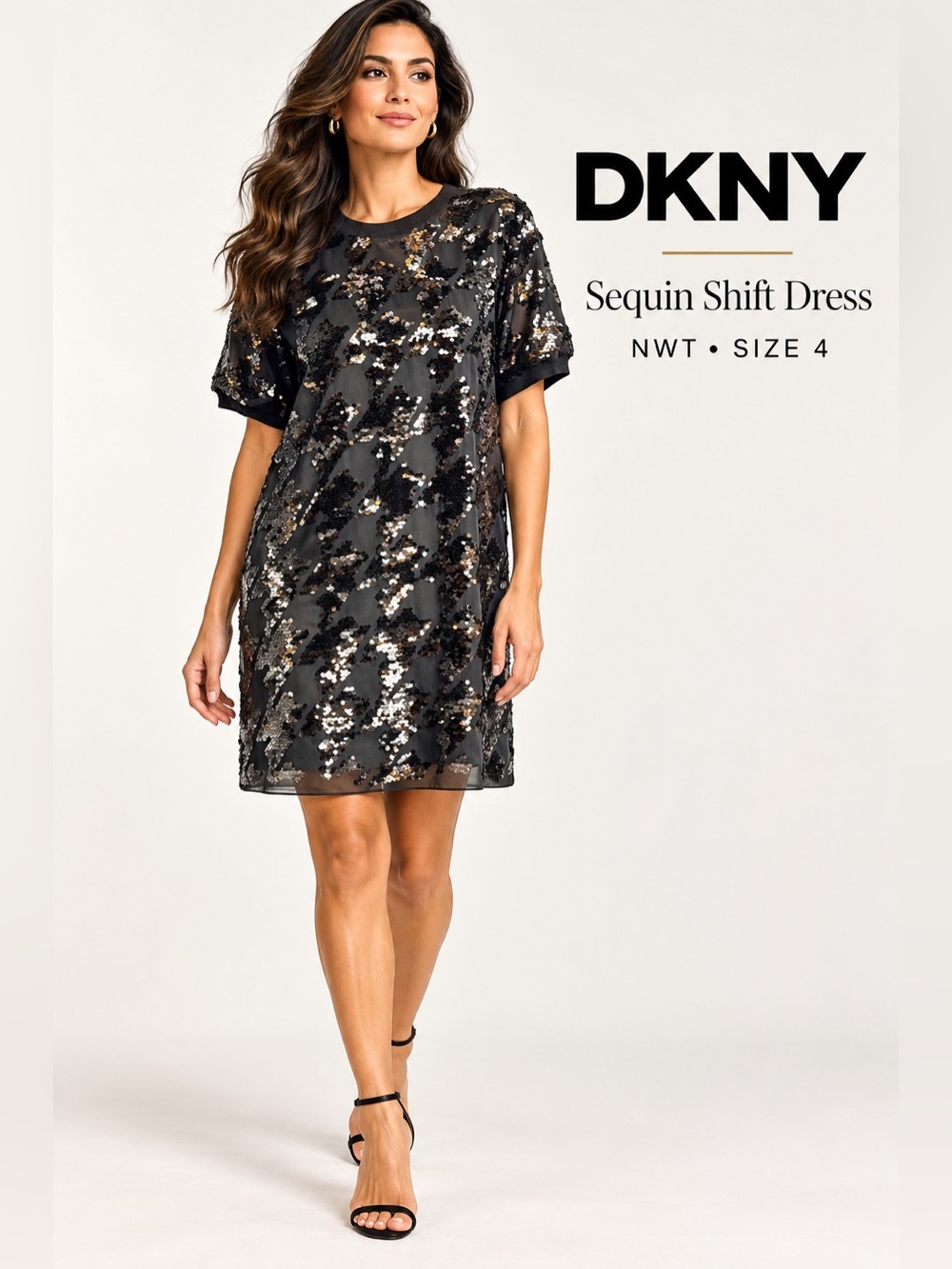 NWT DKNY Sequin Shift Dress Black Silver Party Cocktail Size 4